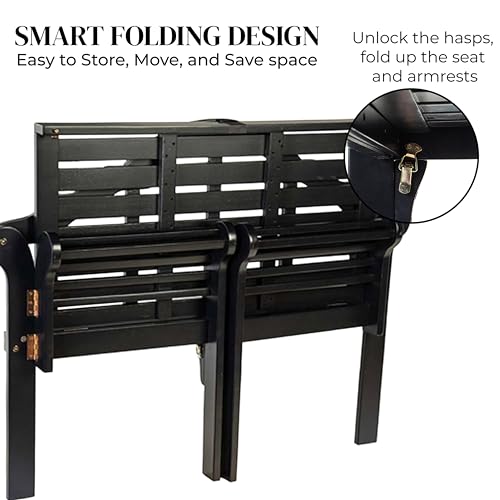 Plow & Hearth Weatherproof Lutyens Eucalyptus Wood Garden Bench | Foldable Patio Bench | Outdoor Furniture Seating for Porch Park Deck | Black