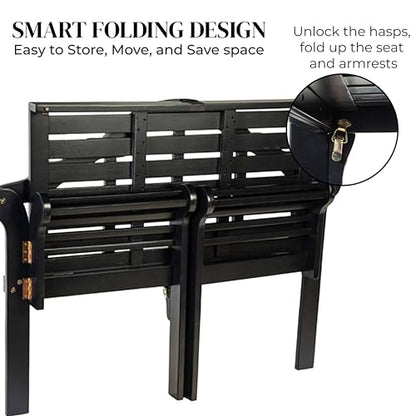 Plow & Hearth Weatherproof Lutyens Eucalyptus Wood Garden Bench | Foldable Patio Bench | Outdoor Furniture Seating for Porch Park Deck | Black