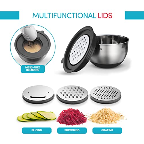 Belwares Mixing Bowls with Lids Set of 5 - Stainless Steel Mixing Bowl Set, Nesting Metal Bowls with Non Slip Bottoms + 3 Grater Attachments, Airtight Lids for Baking, Food Prep + Storage, Black