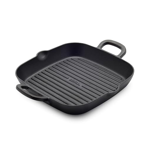 GreenPan x Bobby Flay Cast Iron 11” Square Grill Pan, Pre-Seasoned Professional Grade Heavy Duty Skillet, Helper Handles, Induction Suitable, Stovetop, Oven, BBQ & Fire, Indoor & Outdoor Use, Black