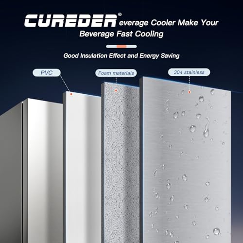 cureder 15 Inch Outdoor Refrigerator, Weather Proof Stainless Steel Beverage Beer Cooler Under Counter Fridge, Indoor/Outdoor Refrigerator with 3 Shelves for Patio Kitchen and Commercial Use