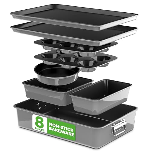 NutriChef 8-Piece Nonstick Stackable Bakeware Set - PFOA, PFOS, PTFE Free Baking Pans Set w/Non-Stick Coating, 450°F Oven Safe, Round Cake, Loaf, Muffin, Wide/Square Pans, Cookie Sheet (Gray)