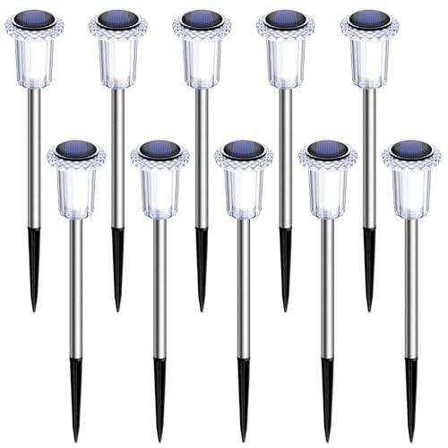 DenicMic Solar Lights Outdoor 10 Pack Waterproof 3000K Warm White LED Stainless Steel Stake Outside Lights for Yard Pathway Garden Driveway Walkway Landscape Path Lighting