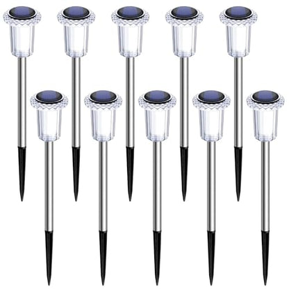 DenicMic Solar Lights Outdoor 10 Pack Waterproof 3000K Warm White LED Stainless Steel Stake Outside Lights for Yard Pathway Garden Driveway Walkway Landscape Path Lighting