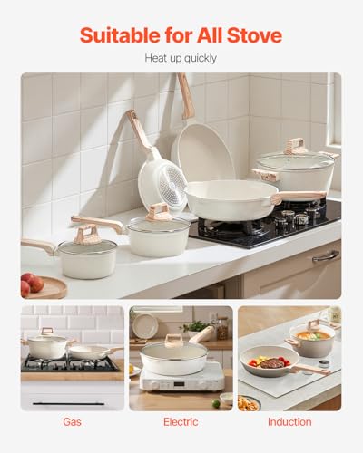 VEVOR 17 Piece Pots and Pans Set, Granite Nonstick Cookware Set, Induction Cookwares, Kitchen RV Cooking Sets with Frying, Sauce, Saute, Tempered Glass Lids, and Pan Protectors, White