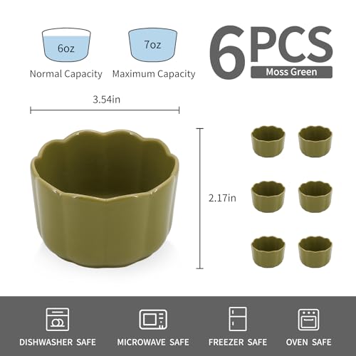 Krokori 6-Piece 6 Oz Scallop Ceramic Ramekins Set - Porcelain Baking Bowls with Elegant Scallop Rim for Creme Brulee, Souffle, Pudding, Ice Cream & Dipping, Oven-Safe, Durable & Space-Saving, Moss Green
