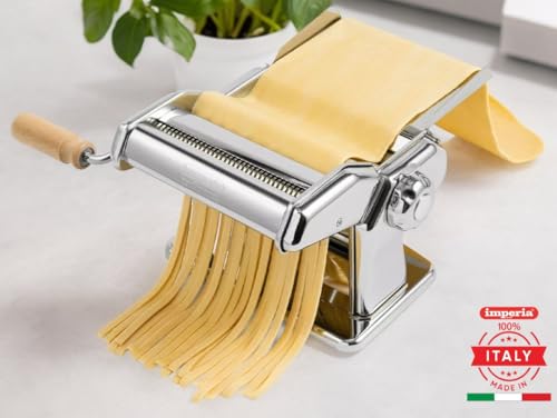 Imperia Pasta Maker Machine- 100% Made in Italy, Heavy Duty Steel Construction, Easy Lock Dial, Wood Grip Handle & Cleaning Brush- Fresh Homemade Italian Spaghetti Fettuccine or Lasagna (Classic Line)