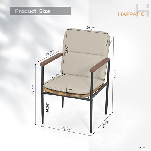 HAPPATIO Aluminum Patio Dining Chairs Set 4 Pieces, All-Weather Wicker Rattan Outdoor Dining Chairs with Wooden Armrests & Cushions, Classic Outdoor Seating for Garden, Lawn, Backyard