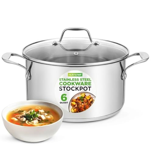 NutriChef 6 Quart Stainless Steel Stock Pot with Lid | Induction Cookware for Home & Commercial Use | Heavy Duty Cooking Pot for Boiling or Simmering Soup, Pasta, Seafood, and Sauces