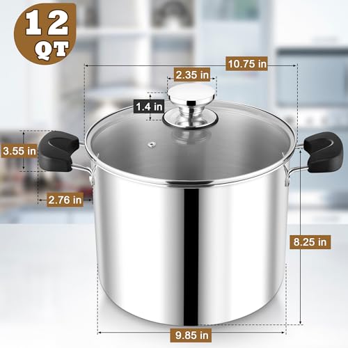 12 Quart 3-Ply Cooking Stock Pot with Lid, P&P CHEF Stainless Steel Large Pot for Pasta Soup, Work on Multi Stove, Heavy Duty & Dishwasher Safe, Dual Heat-resistant Handles & Transparent Glass Lid