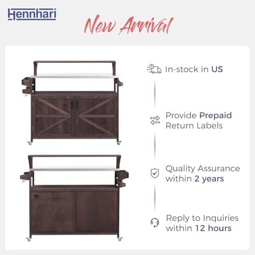 Hennhari Outdoor Kitchen Island with Stainless Steel Top & Raised Shelf, Rolling Grill Cart with Spice & Towel Rack, Outdoor Island Table with Storage Cabinet & Hooks (Brown)