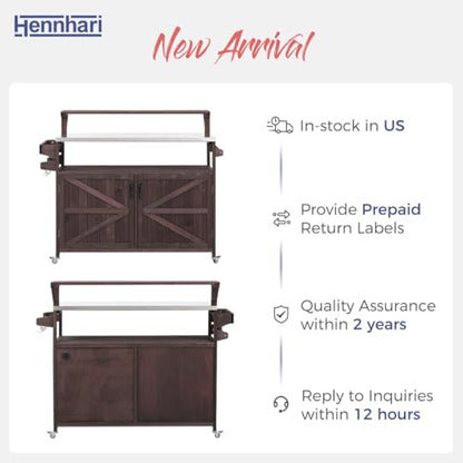 Hennhari Outdoor Kitchen Island with Stainless Steel Top & Raised Shelf, Rolling Grill Cart with Spice & Towel Rack, Outdoor Island Table with Storage Cabinet & Hooks (Brown)