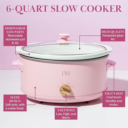 Paris Hilton 6-Quart Manual Slow Cooker, Naturally Nonstick Stoneware Ceramic Insert, Three Settings (Low, High, Warm), Dishwasher Safe Family Size Slow Cooker, Pink