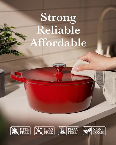 Dutch Oven Pot with Lid, 6QT Cast Iron Dutch Oven, Heavy Duty & Dual Handle, Dutch Oven for Bread Baking, Specialty Bread & Loaf Forms, Braising & Roasting, Sourdough Bread Baking, Oven Safe up to 500℉, Cast Iron Pot Compatible with All Cooktops, Cerise
