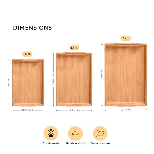 Prosumers Choice Wooden Tray - Light Brown Serving Trays with Handles - Nesting Design for Space Saving - Wooden Serving Tray for Food, Drinks, Snacks - Set of 3