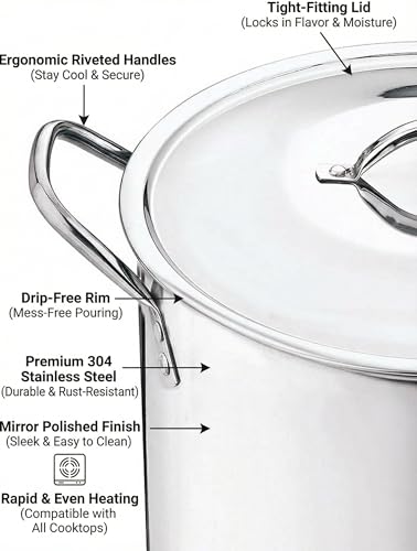 Stainless Steel Pot 12-Qt scald-resistant handle with metal lid Stock Pot Holds 3 gallons of soups and stews Soup Pots for kitchen