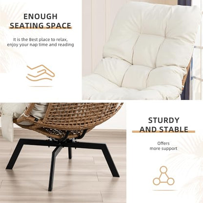 Vongrasig Swivel Wicker Chair PE Rattan Chair with Cushion, Oversized Patio Lounge Chair for Outdoor, Indoor, Balcony, Backyard, Garden, Living Room, Beige