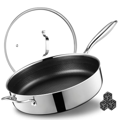 SAKAMOSH 12 Inch Frying Pan Nonstick with Lid, 5.6QT Hybrid Ceramic Deep Saute Pan & Skillet, Tri-Ply Stainless Steel for Even Heat, PFOA/PFOS Free, Induction & Oven Safe