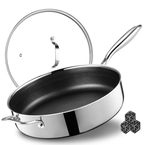 SAKAMOSH 12 Inch Frying Pan Nonstick with Lid, 5.6QT Hybrid Ceramic Deep Saute Pan & Skillet, Tri-Ply Stainless Steel for Even Heat, PFOA/PFOS Free, Induction & Oven Safe