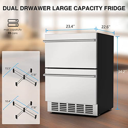 Mojgar 24" Under Counter Beverage Refrigerator, Indoor/Outdoor Fridge with Double Drawer Storage, Quiet 38dB Compressor & Weather-Proof Stainless Steel – Beverage Fridge for Home, Patios, Restaurants