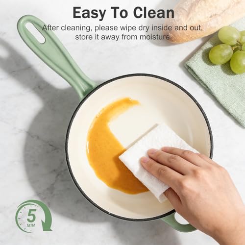 NSIRONS 1 Quart Saucepan with Lid, Enameled Cast Iron Sauce Pan, Heavy Duty Small Pots for Cooking Pasta Sauce, Soup, Milk, Oven Safe up to 500°F (Fig Green)