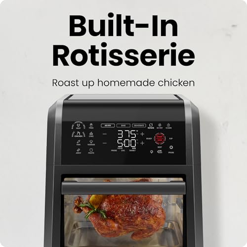 CHEFMAN ExacTemp™ 12 Quart 5-in-1 Air Fryer with Integrated Smart Cooking Thermometer, 28 Touchscreen Presets, Rotisserie, Dehydrator, Bake, XL Convection Oven with Auto Shutoff, Black