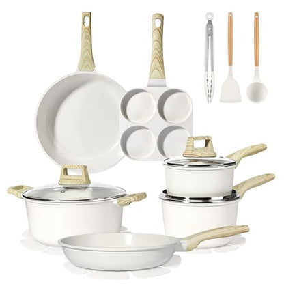 GiPP Ceramic Pots and Pans Set Non Stick - 17 Pcs Nonstick Cookware Set, Non-toxic Healthy Kitchen Cooking Set/Frying Pans Set, Dishwasher Safe, PFAS PTFE PFOA PFOS Free, Cream White