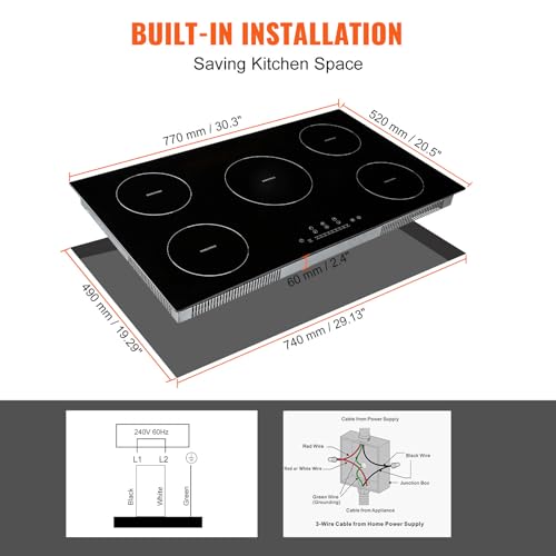 VEVOR Electric Cooktop, 5 Burners, 36'' Induction Stove Top, Built-in Magnetic Cooktop 9200W, 9 Heating Level Multifunctional Burner, LED Touch Screen w/Child Lock & Over-Temperature Protection