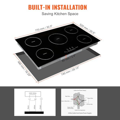 VEVOR Electric Cooktop, 5 Burners, 36'' Induction Stove Top, Built-in Magnetic Cooktop 9200W, 9 Heating Level Multifunctional Burner, LED Touch Screen w/Child Lock & Over-Temperature Protection