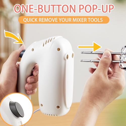 Katroiy 300W Hand Mixer Electric Handheld, 5 Speed Lightweight Kitchen Blender, Turbo Boost/Self-Control Speed Hand Held Beater Mixer with 4 Stainless Steel Whisks for Baking Cakes Eggs Cream, White
