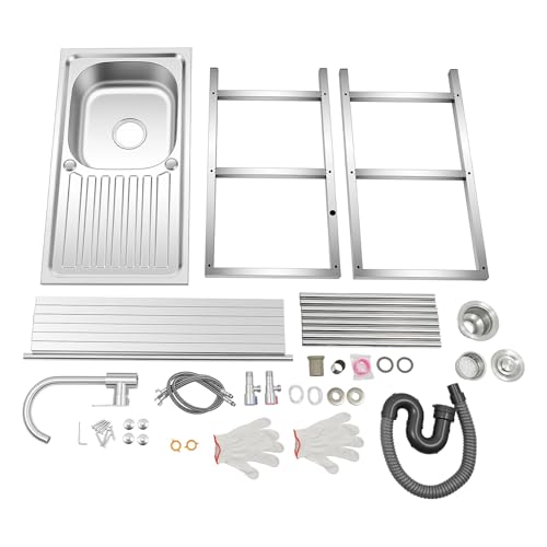DYRABREST 75x40x78cm Outdoor Kitchen Sink with Workstation, Heavy-Duty Stainless Steel Freestanding Sink with 2-Tier Storage Racks, 360° Swivel Faucet, Adjustable Feet for Backyards, Cafes