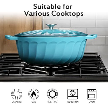 NSIRONS Enameled Dutch Oven Pot with Lid, 7 QT Cast Iron Dutch Oven with Dual Handles, Oval Dutch Oven for Cooking, Bread Baking, Frying, Non-stick Enamel Coated Oven (Blue-Green)