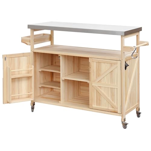 FUvellamo 50.25'' Rolling Outdoor Kitchen Island with Stainless Steel Top and Storage Cabinet, Farmhouse Outdoor Grill Table with Towel Rack for Kitchen BBQ, Natural