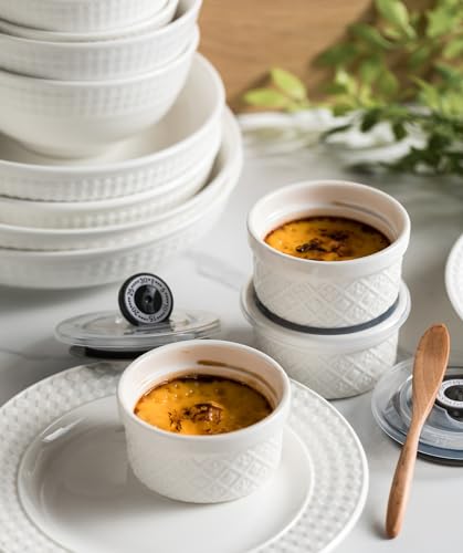 MISSYSSIM Ramekins 6 oz with Lids Oven Safe, Small Creme Brulee Ramekins with Covers, Ceramic Ramekin Set of 4, Mini Prep Pinch Bowls - Dishwasher and Oven Safe, White