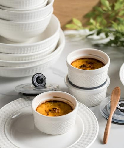 MISSYSSIM Ramekins 6 oz with Lids Oven Safe, Small Creme Brulee Ramekins with Covers, Ceramic Ramekin Set of 4, Mini Prep Pinch Bowls - Dishwasher and Oven Safe, White