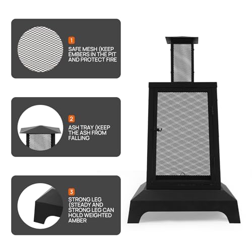 Walsport Chiminea Outdoor Fireplace, 43 Inch Wood Burning Fire Pit with Grill Grate and Spark Screen Cover, Outdoor Fire Pit for Patio, Backyard, Deck Porch and Camping, Black