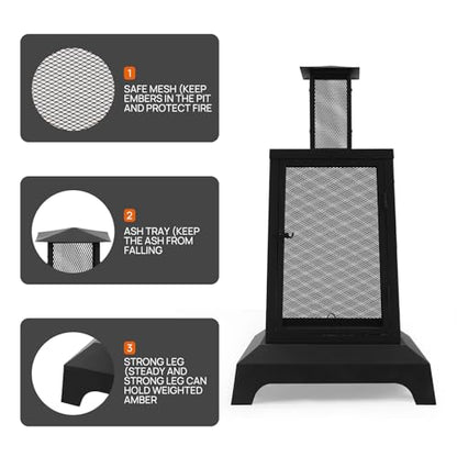 Walsport Chiminea Outdoor Fireplace, 43 Inch Wood Burning Fire Pit with Grill Grate and Spark Screen Cover, Outdoor Fire Pit for Patio, Backyard, Deck Porch and Camping, Black