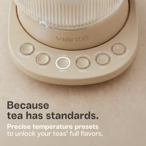 Viante Nina Electric Tea Kettle with Infuser, No Plastic In Contact With Water, 1.5L Borosilicate Glass, 304 Stainless Steel, 4 Temp Presets, Keep Warm, Cordless, Auto Shut-Off, Beige