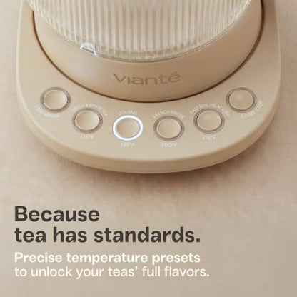 Viante Nina Electric Tea Kettle with Infuser, No Plastic In Contact With Water, 1.5L Borosilicate Glass, 304 Stainless Steel, 4 Temp Presets, Keep Warm, Cordless, Auto Shut-Off, Beige