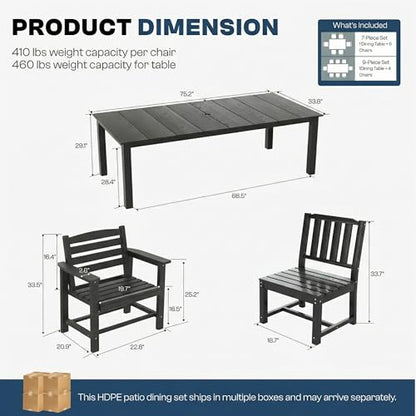Patio Kingdom 9-Piece Outdoor Dining Set for 8, 75.2" HDPE Table with Umbrella Hole & 8 Chairs, All-Weather Patio Furniture for Lawn, Yard, Deck, or Poolside, Fade & Crack Resistant (Black)