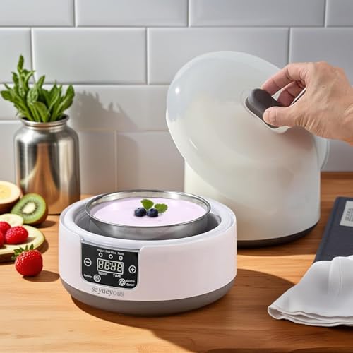 Yogurt Maker with Adjust Temp(32°C-45°C/90°F-113°F)&Time(1-99h) and PP Lid,Celsius Increment,Hour Countdown,LED Display,304 Stainless Steel Inner Bowl (1.2L) no glass jar
