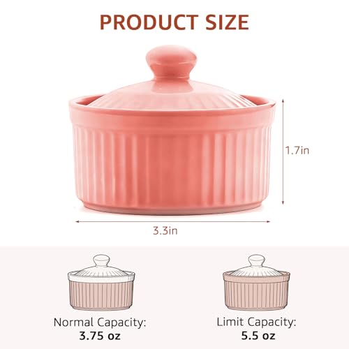 Meltset 5.5 Oz Ramekins with Lids Oven Safe Ceramics Ramekin Bowls for Baking, Porcelain Bake Dishes for Souffle, Creme Brulee, Lava Cake, Ice Cream Desserts, Snacks (Set of 5）