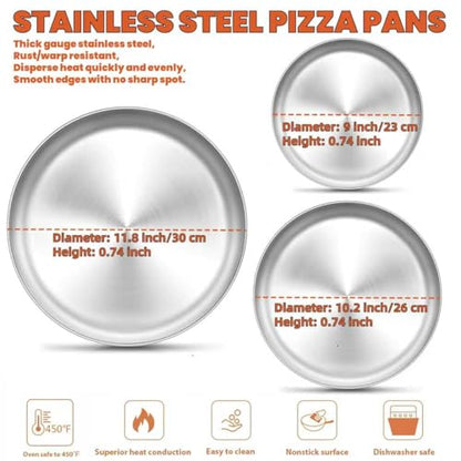 3Pack Stainless Steel Pizza Pan for Oven Personal Pizza Pans, 9 Inch, 10 Inch, 12 Inch Stainless Steel Pizza Pan Set, 3 Sizes Round Pizza Baking Pan for Pizza Cookies, Non-toxic and Durable,Oven Safe