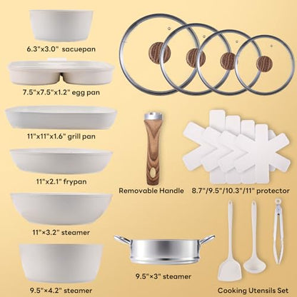Sweetcrispy 17 Pcs Nonstick Pots and Pans, Non-toxic Kitchen Cooking Set, Induction Cookware Sets with Stay-Cool Handles, Beige