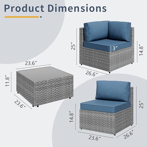 SUNLEI 5 Piece Patio Furniture Sets, Low Back All-Weather Rattan Sectional Sofa with Tea Table&Washable Couch Cushions, Patio Furniture Set (Silver Rattan Aegean Blue, 5 Pcs)