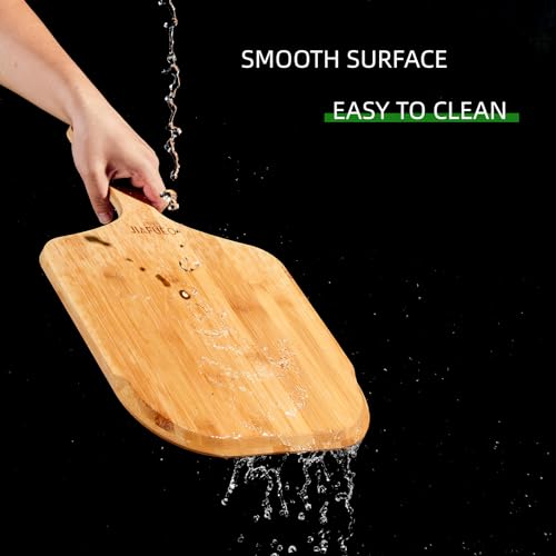 JIAFUEO Pizza Peel 12 inch, Bamboo Pizza Paddle Spatula - Wooden Serving Board, Oven Accessory for Baking Homemade, Wood Cutting Board for Cheese Bread Fruit Vegetables
