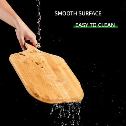 JIAFUEO Pizza Peel 12 inch, Bamboo Pizza Paddle Spatula - Wooden Serving Board, Oven Accessory for Baking Homemade, Wood Cutting Board for Cheese Bread Fruit Vegetables