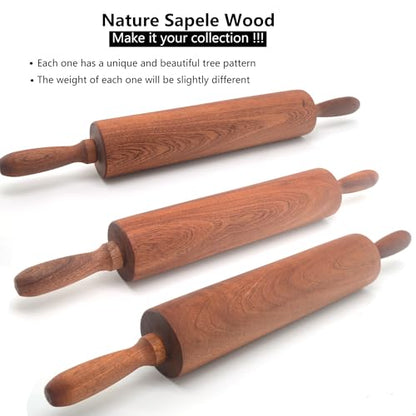TUSIWIT Classic Sapele Wooden Rolling Pin With Handles,Wood Baking Roller Large (17.3"L x 2.3"W)
