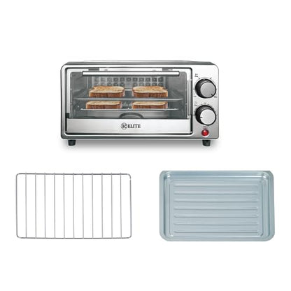 Kitchen Elite 4-Slice Toaster Oven, Compact Countertop Appliance with Bake Tray, Wire Rack, Adjustable Timer, and Temperature Control, Black