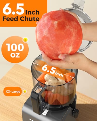 3-in-1 Cold Press Juicer Machines, 6.5" Mega Chute for Whole Fruit, Slow Masticating Juicer with Sorbet & Nut Milk Maker, BPA Free, 100 OZ Hopper, Easy Clean, Oxide Gray